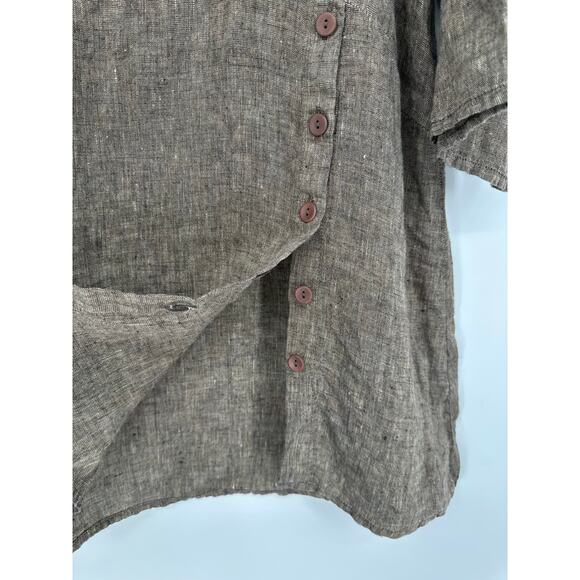 FLAX 100% Linen Market Tunic Top Scoop Neck 3/4 Sleeve Side Button Slit Blouse - Picture 10 of 13